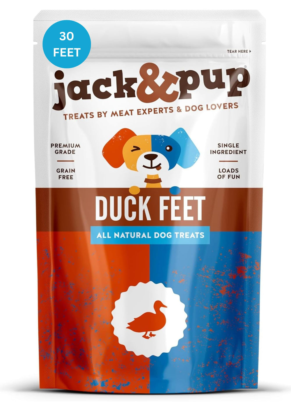 Jack&Pup duck feet 30-count pack close-up; natural single-ingredient dog chew.