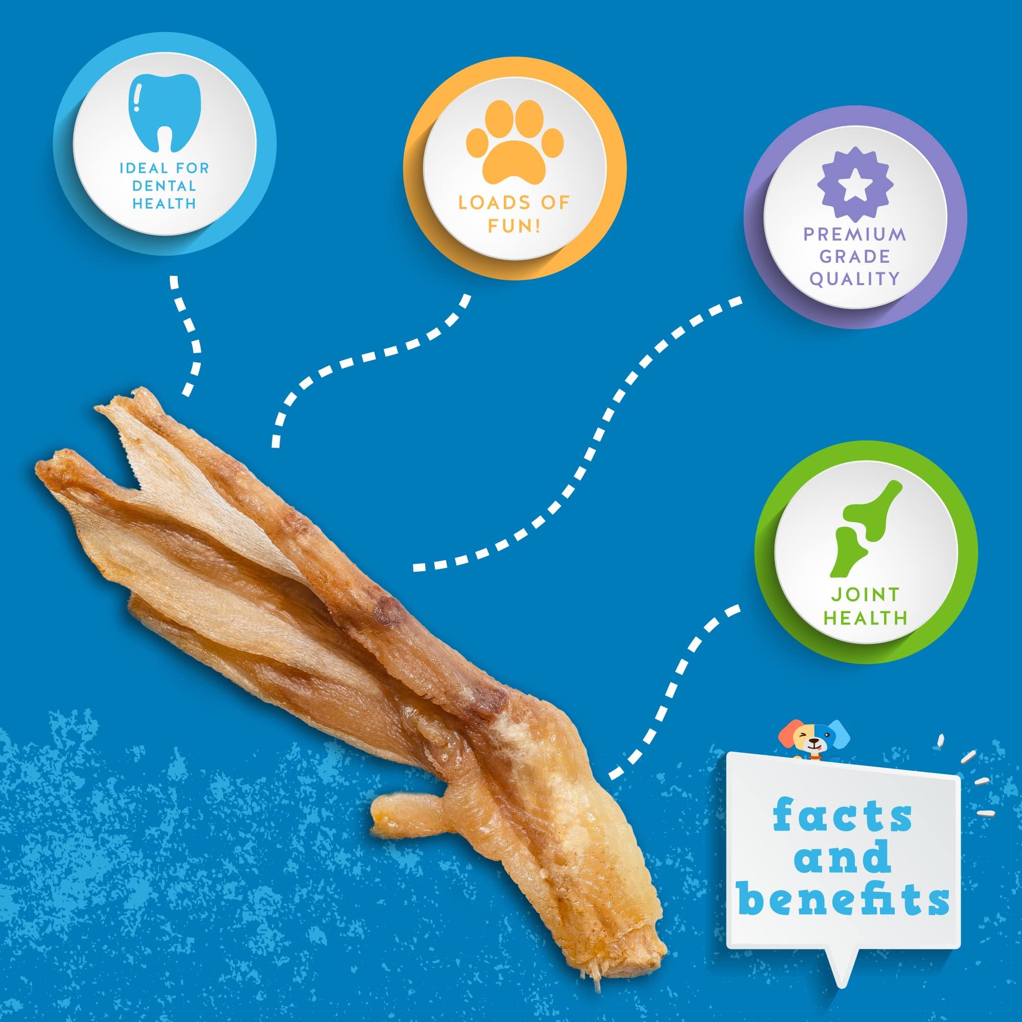 Jack&Pup duck feet treats beside bowl; savory, joint-support potential.