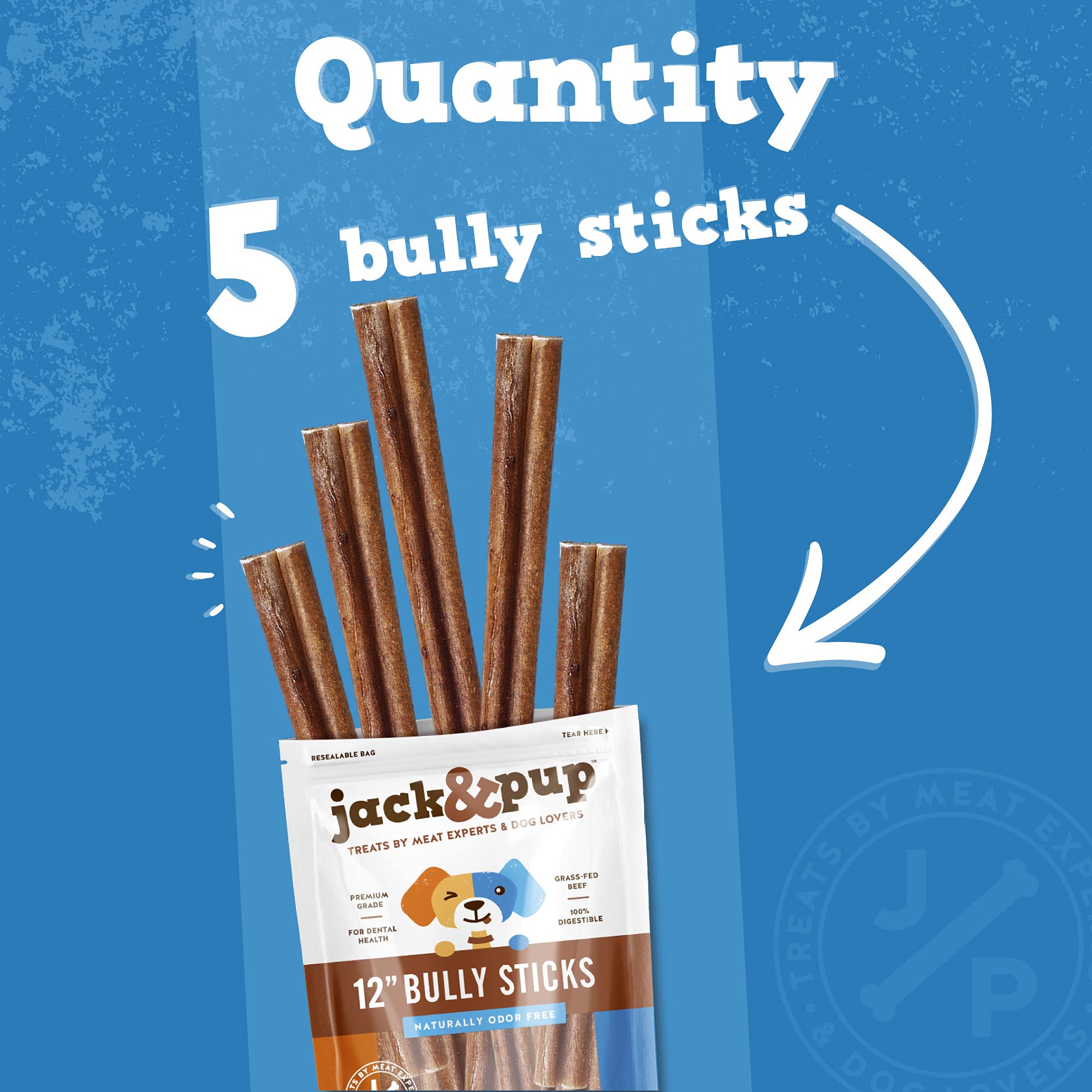 Jack&Pup grass-fed beef pizzle image highlights natural sourcing and single-ingredient goodness.