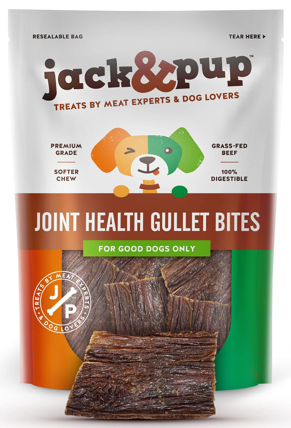 Jack&Pup Gullet Bites packaging in view, 24 oz bag for easy storage and access
