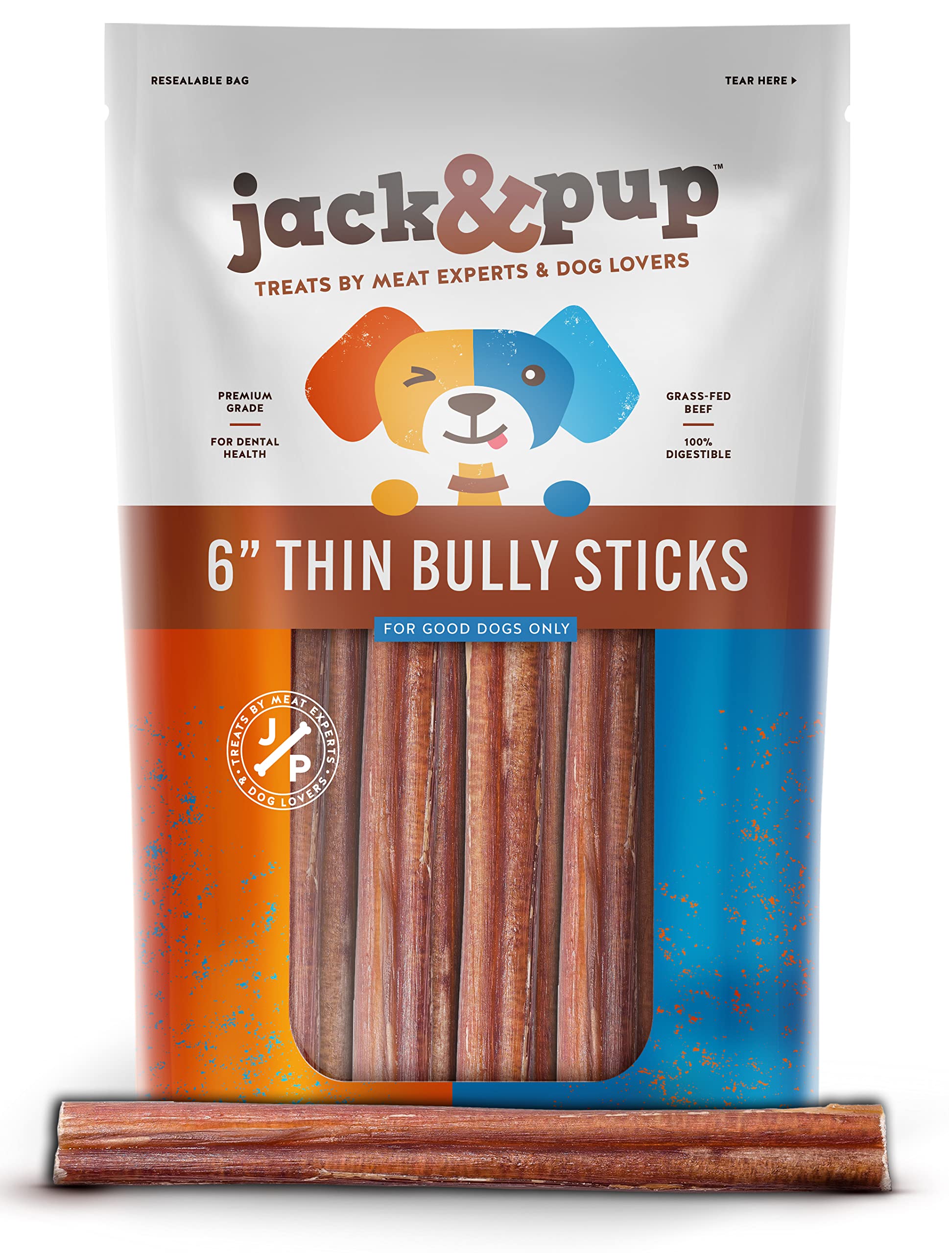 JackPup thin bully stick for small dogs 6-inch 10-pack, long-lasting chew for puppies.