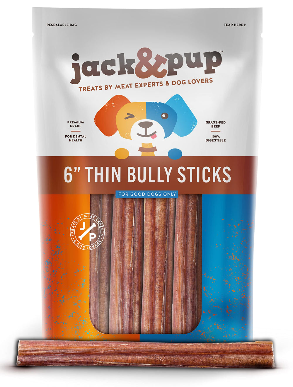 JackPup thin bully stick for small dogs 6-inch 10-pack, long-lasting chew for puppies.