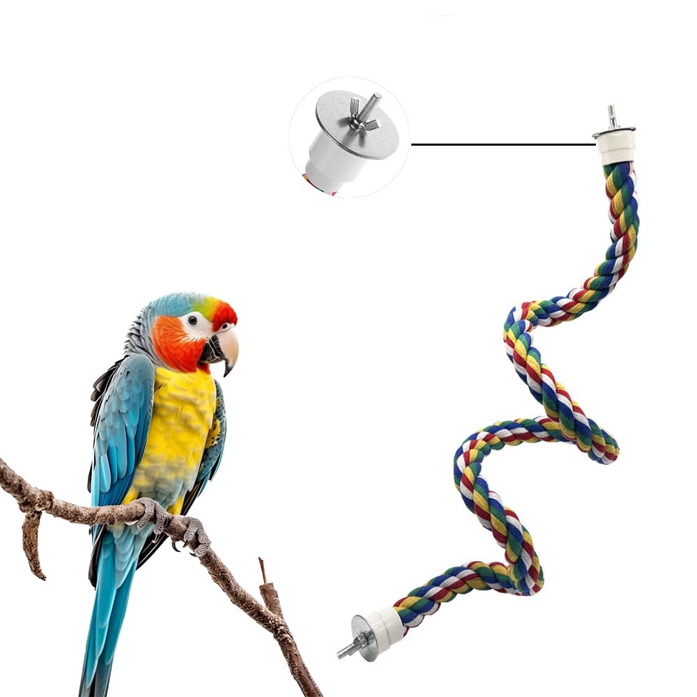 Jackrofe Bendable climbing perch secured with metal washers for stable cage attachment.