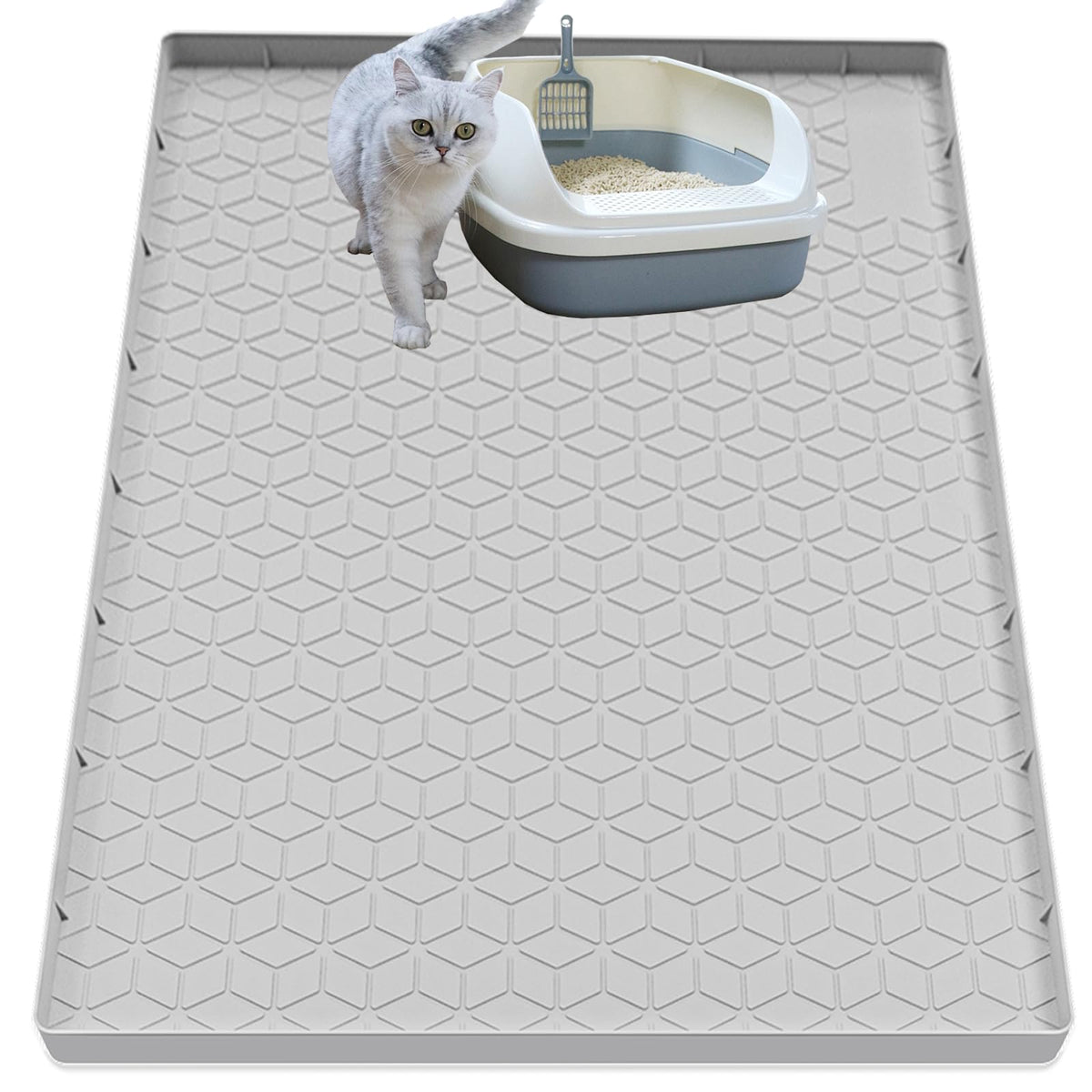 Jacooxi cat litter mat 40x28 close-up showing raised edges trapping litter for clean floors.