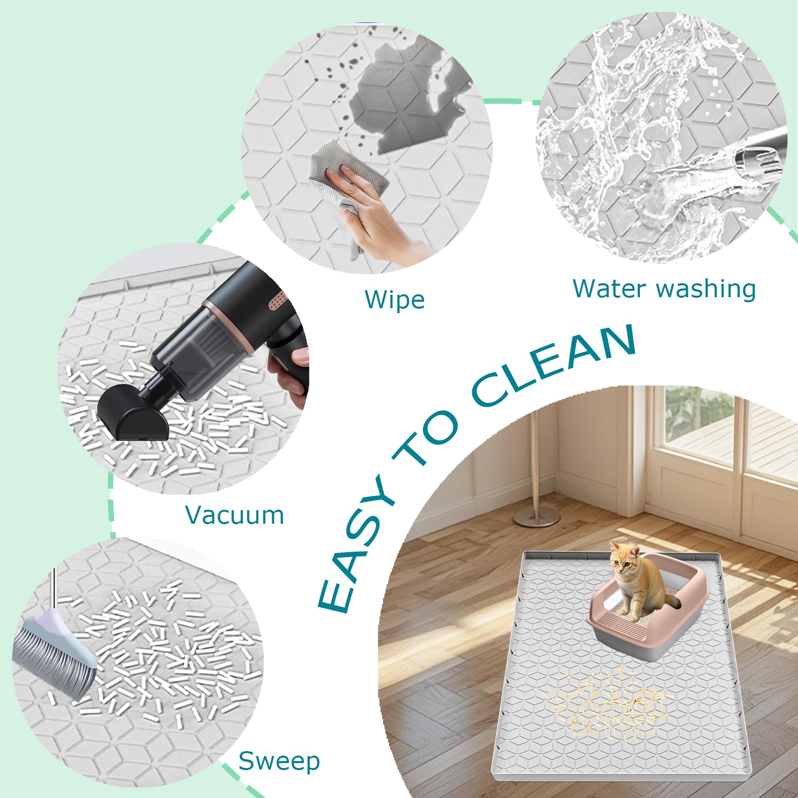 Jacooxi cat litter mat easy-clean rinse and wipe after use.