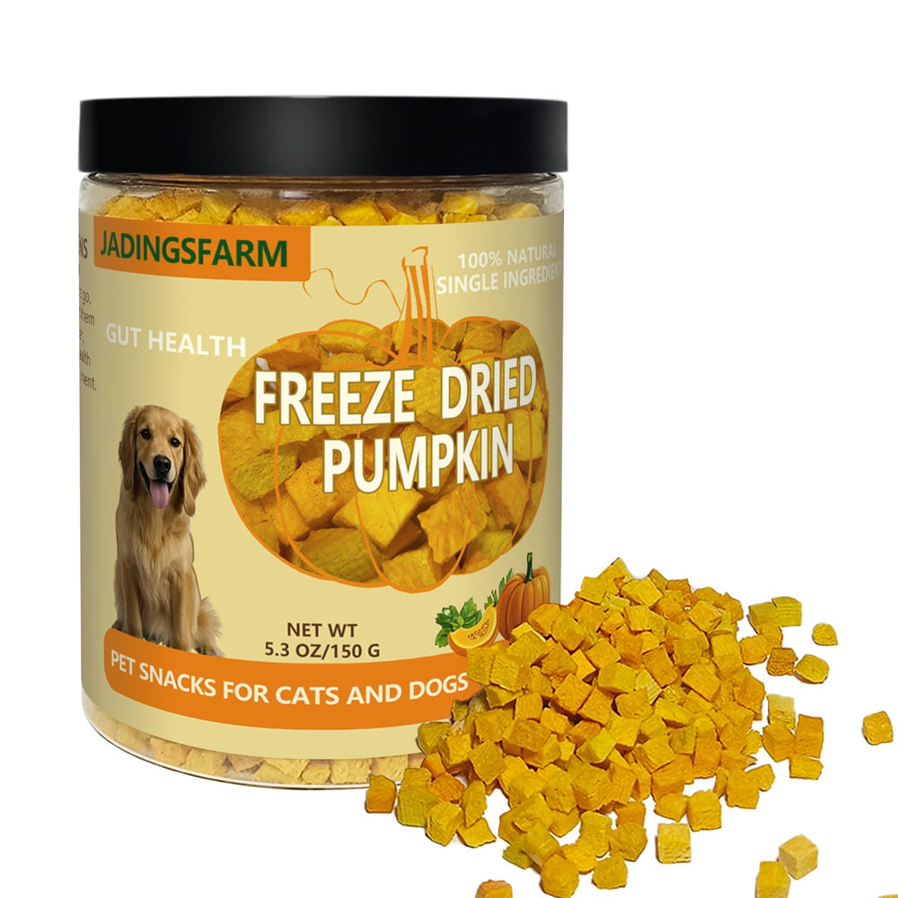JADINGSFARM pumpkin dog cubes: crunchy, fiber-rich snack that may support digestion.