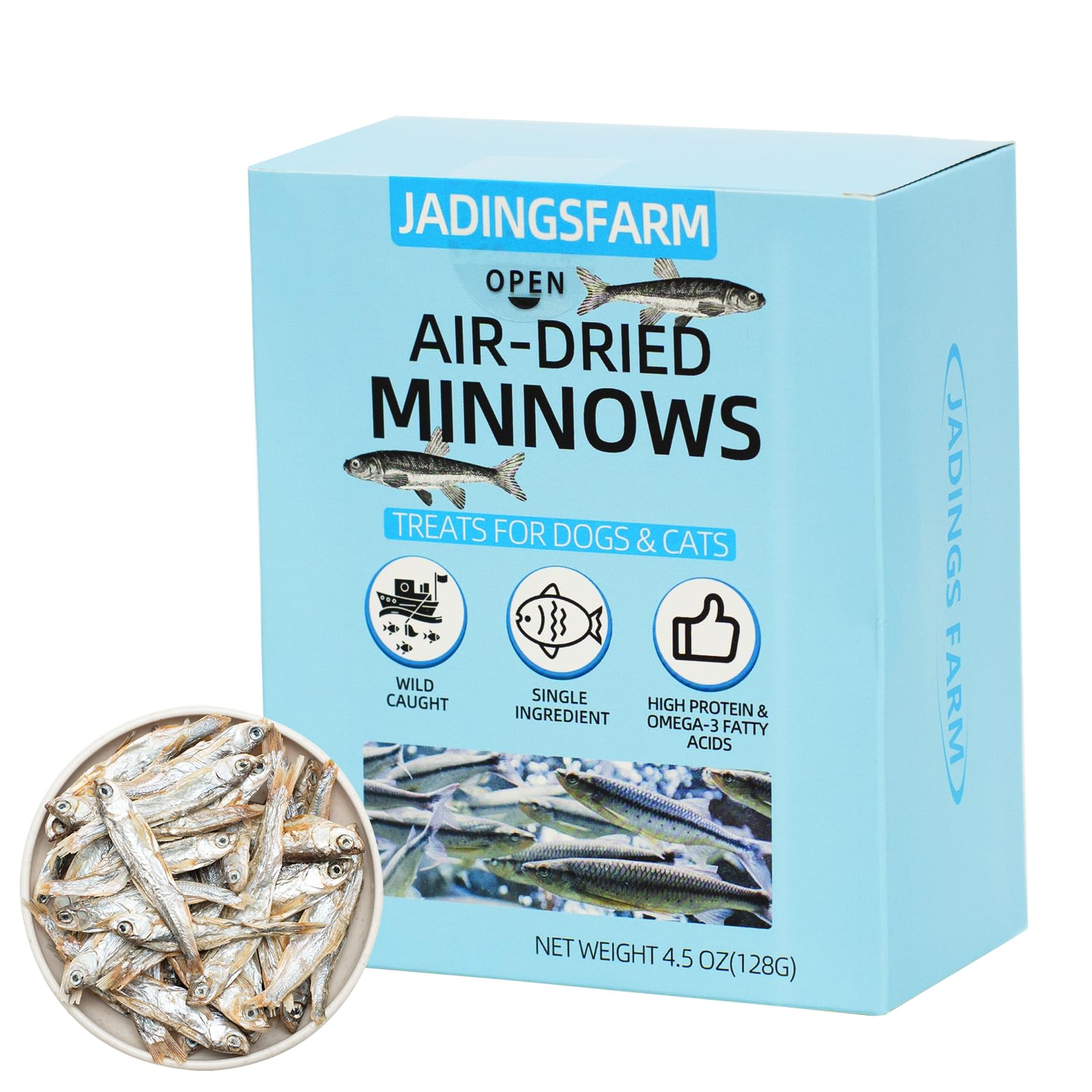 JADINGSFARM air-dried minnows bag close-up highlights high-protein, grain-free pet treats.