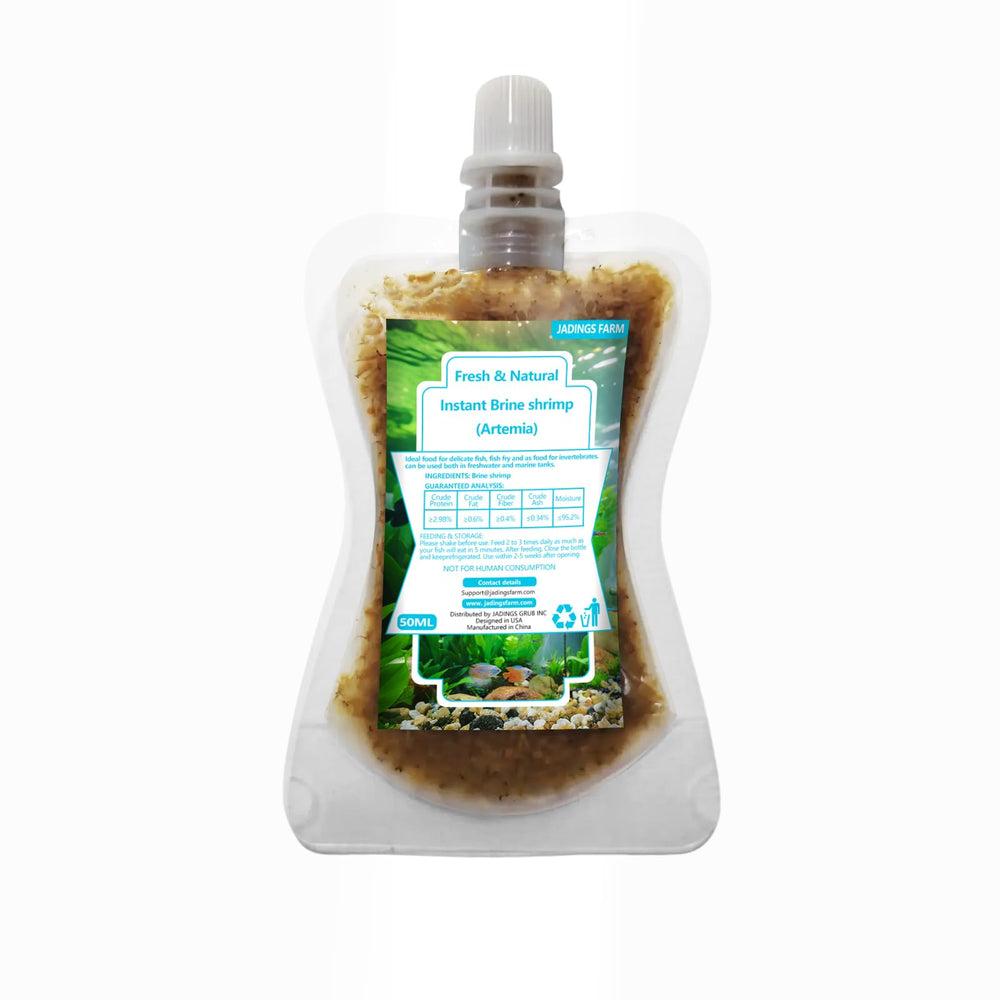 JADINGSFARM brine shrimp egg food in a sealed bag preserves nutrients for fresh feeding.