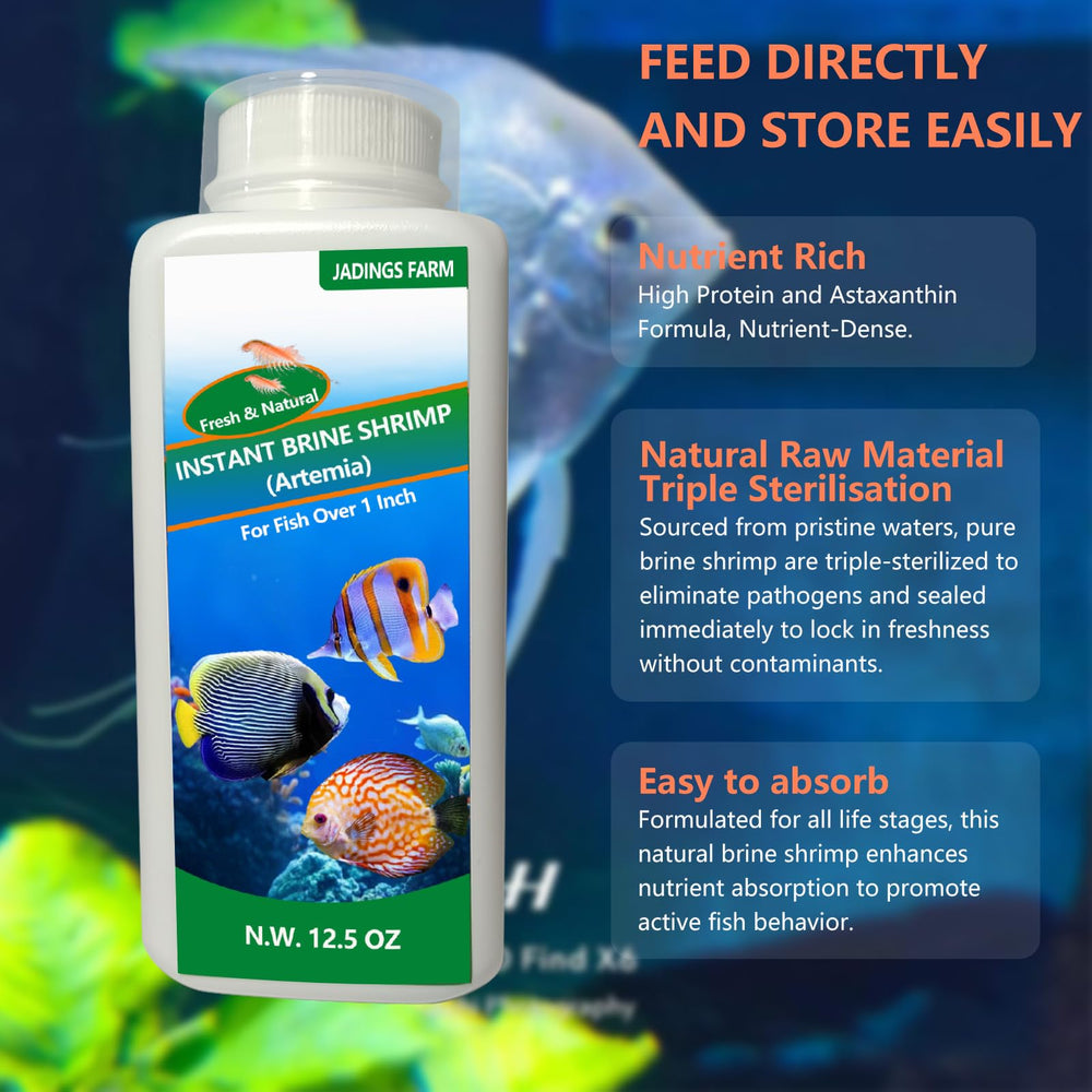 JADINGSFARM Brine Shrimp Food packaging on shelf signaling freshness and safety