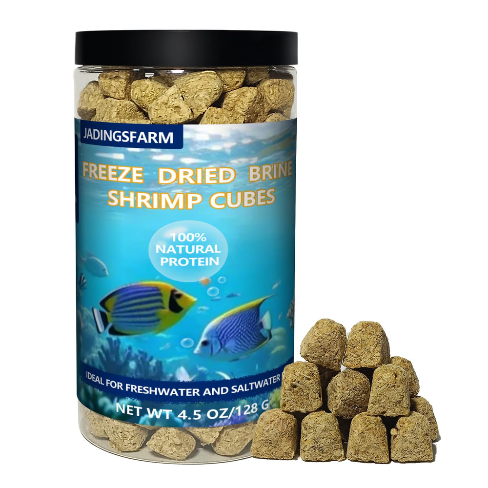 JADINGSFARM Freeze Dried Brine Shrimp Cubes packaging shows airtight seal for 12-month freshness.