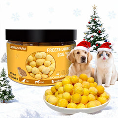 JADINGSFARM freeze-dried quail egg yolk treat jar for high-protein pet snacking.