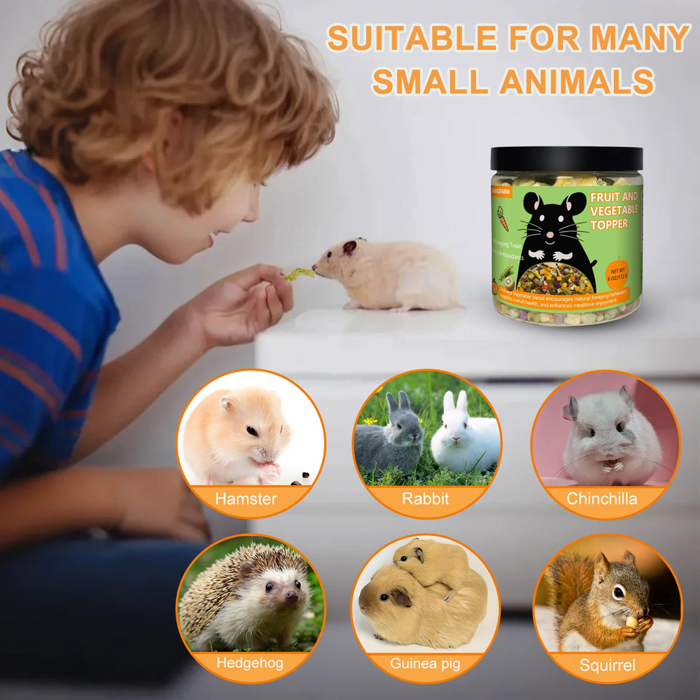 JADINGSFARM fruit and veggie mix supports variety in small pet diets with natural flavors.