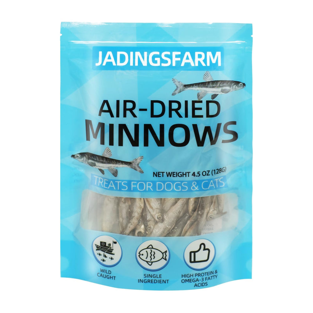 JADINGSFARM Minnows bag open with air-dried treats for dogs and cats.