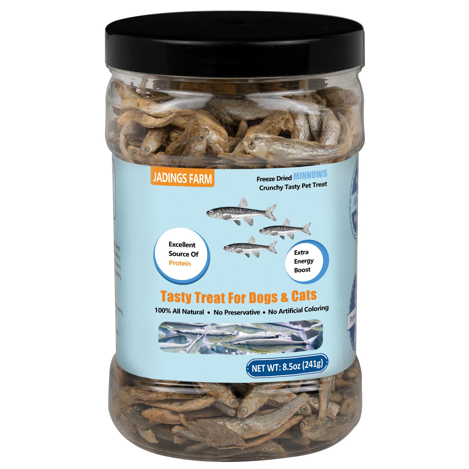 JADINGSFARM Minnows can-open shows premium natural treat for pets (protein-rich).