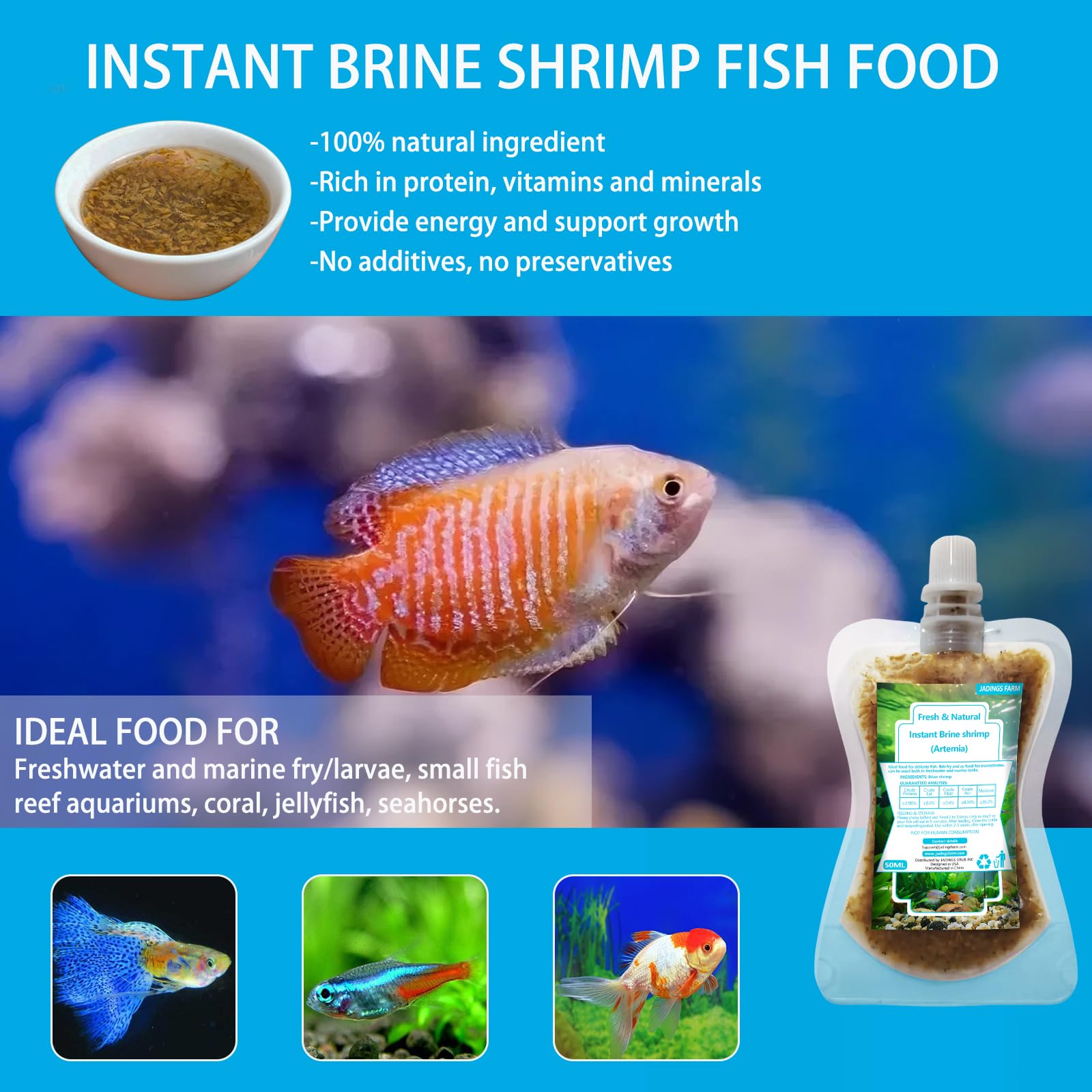 JADINGSFARM nonliving brine shrimp food designed for immediate aquarium meals.
