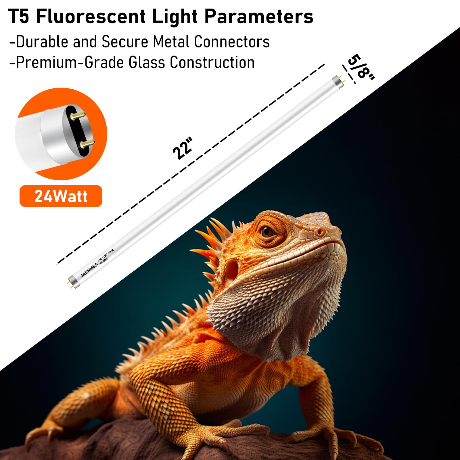 Jaenmsa UVB light bar 22in side angle showing wide coverage across enclosure.