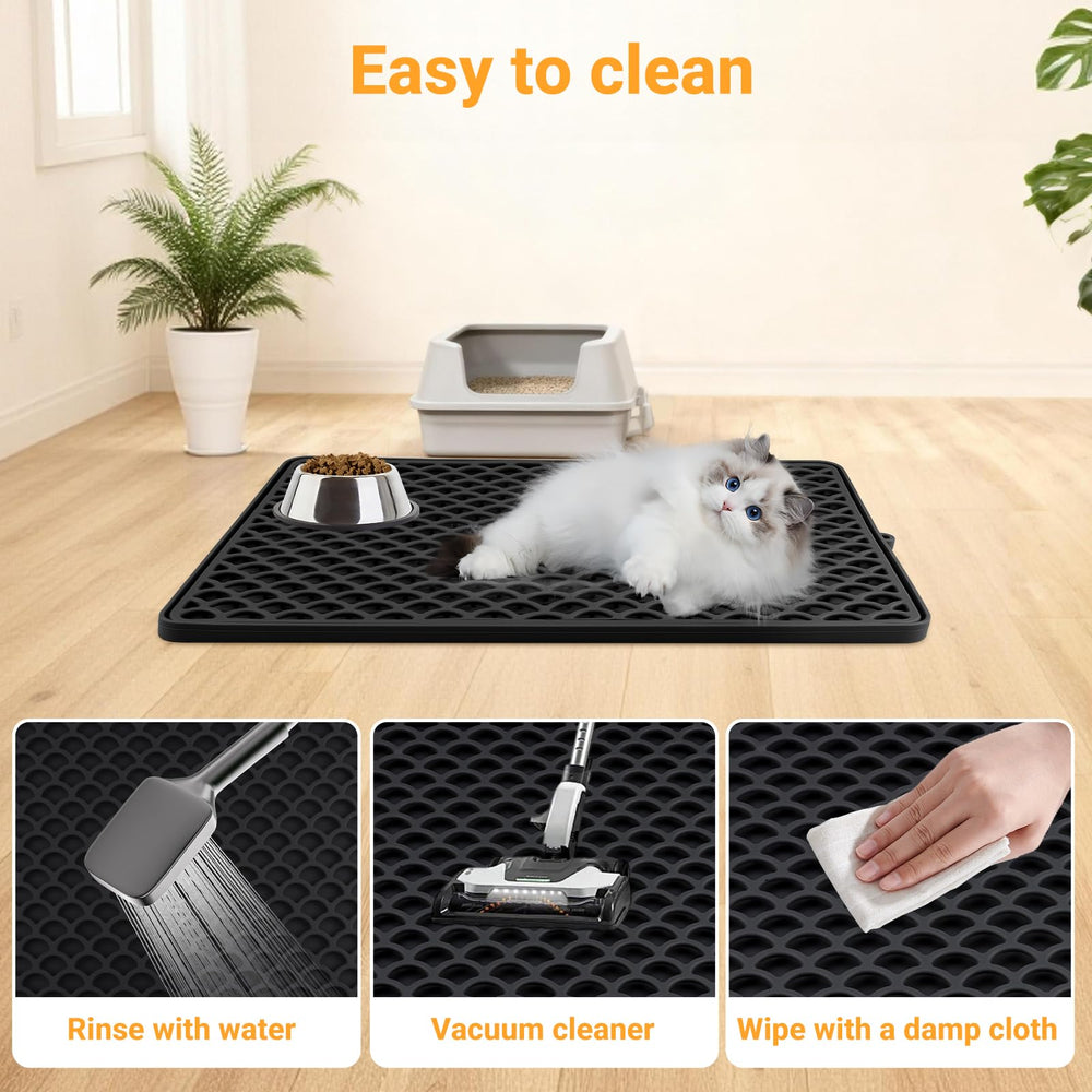 Jalopink cat litter mat on non-slip base stays in place during busy moments.