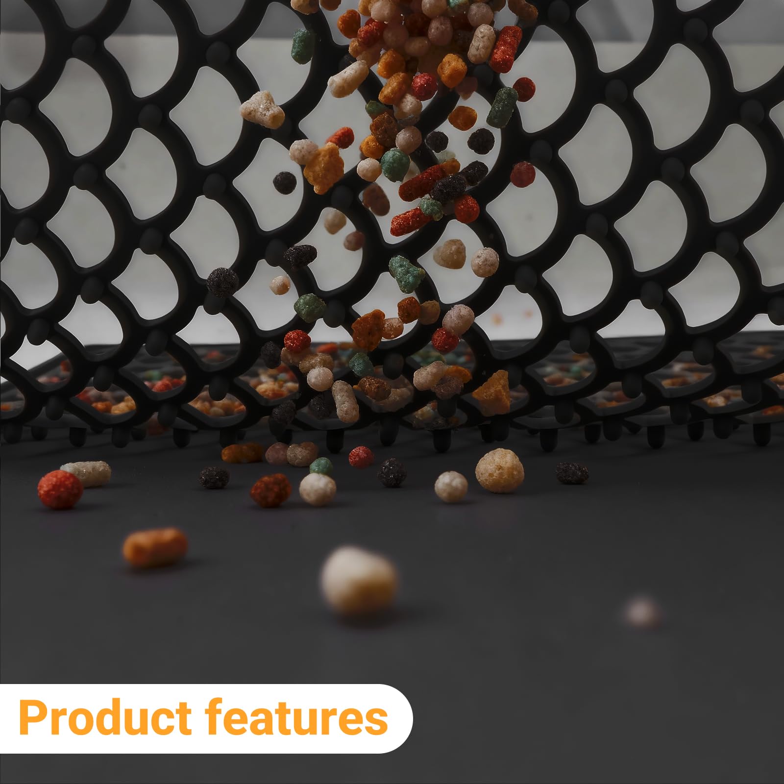 Jalopink mat used as a dish-drying surface catching spills under bowls.