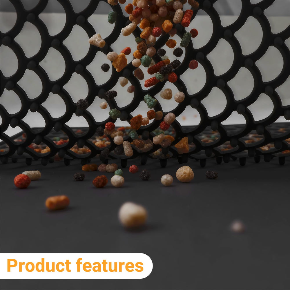 Jalopink mat used as a dish-drying surface catching spills under bowls.