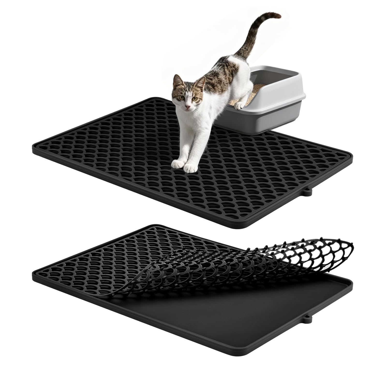 Jalopink double-layer silicone cat litter mat (black) keeps litter contained and floors cleaner.