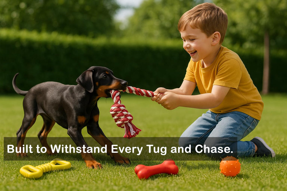 Jalousie dog playing with toys highlights interactive bonding moments.