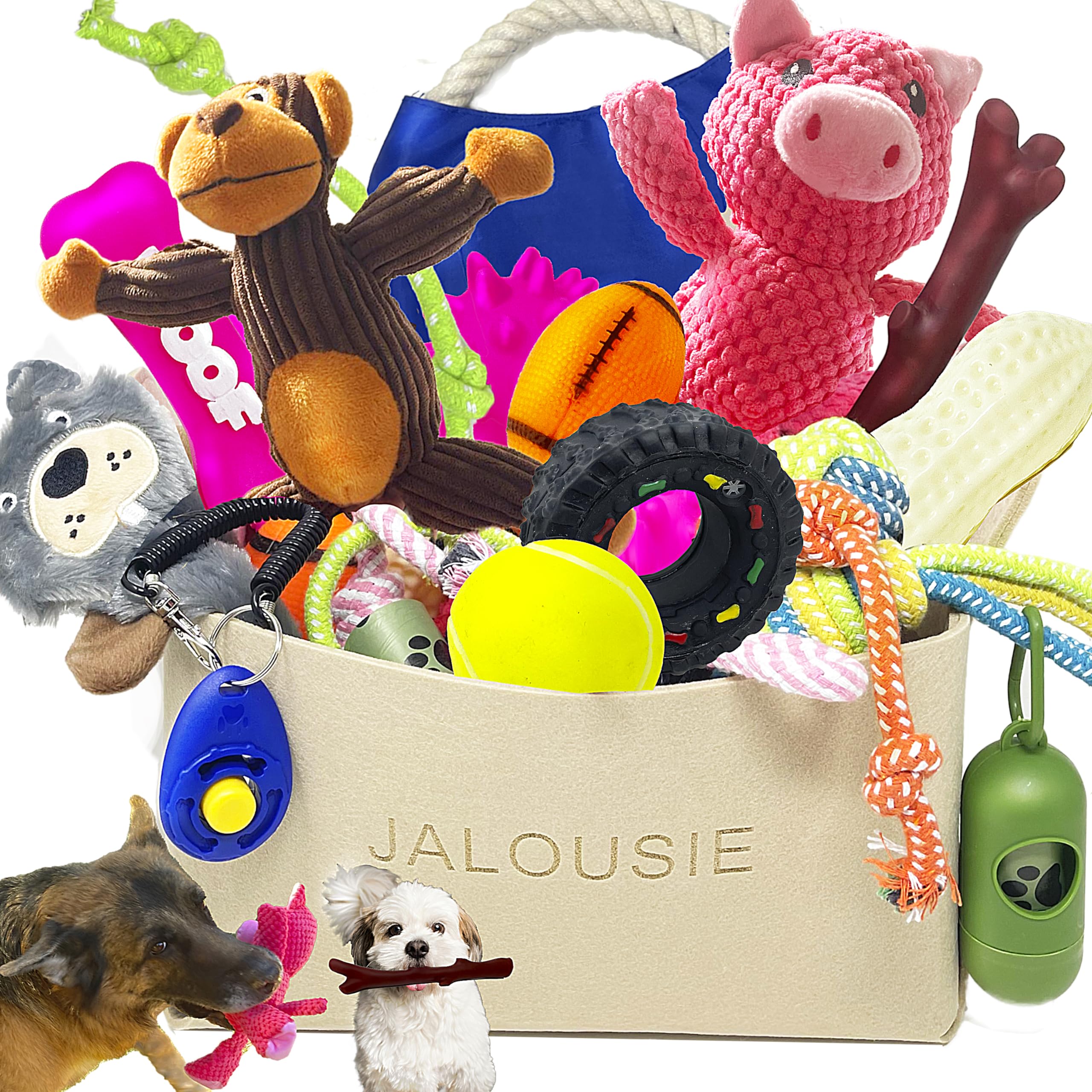 Jalousie dog squeaky toy multi-pack shows interactive play for small-to-medium dogs.