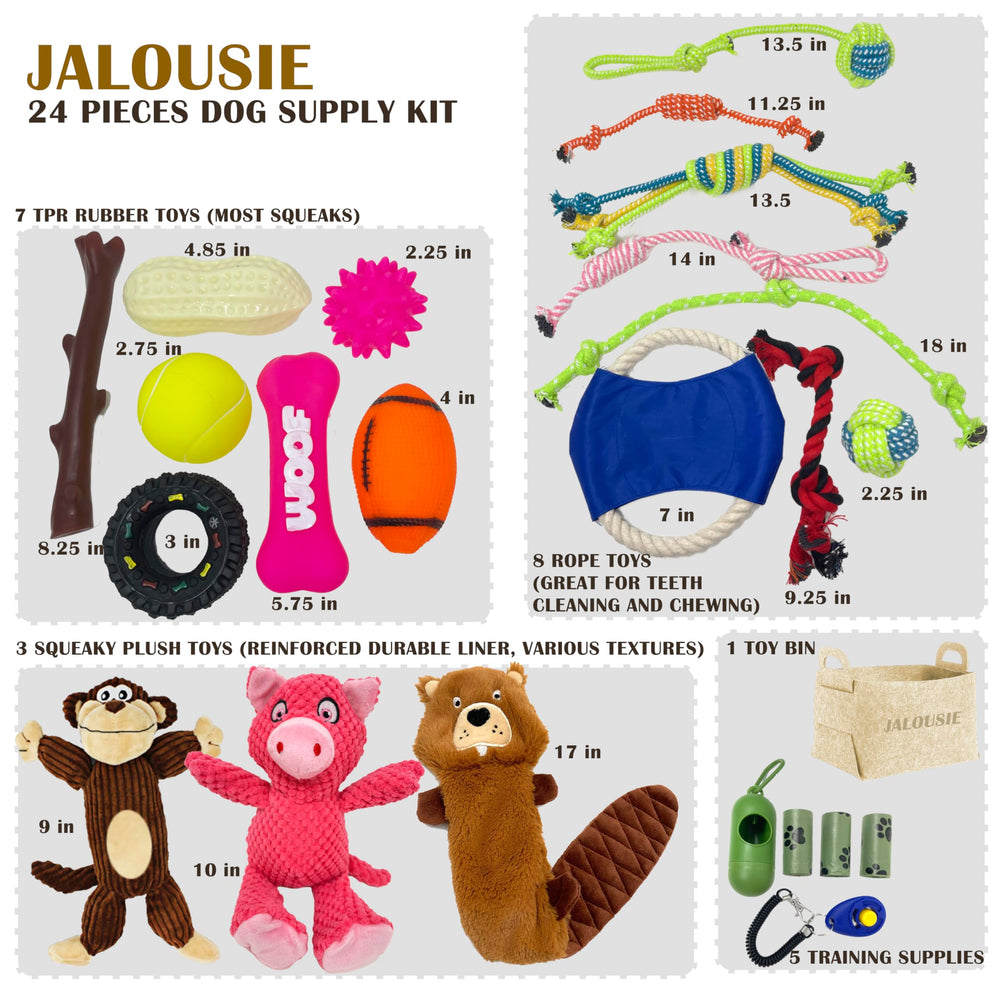 Jalousie dog squeaky toy multi-pack shows interactive play for small-to-medium dogs.