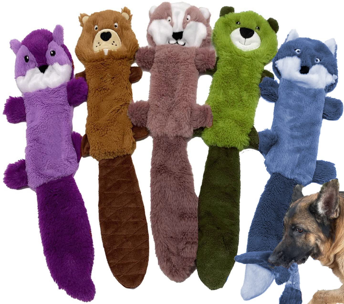 Jalousie five pack stuffingless beaver squeaker toy for interactive playtime.