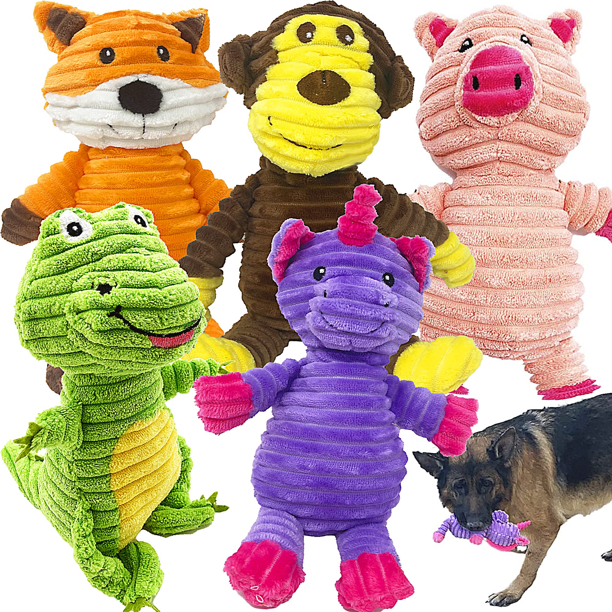Jalousie plush toys assortment 5-pack for dogs showing vibrant colors and squeak appeal for interactive play