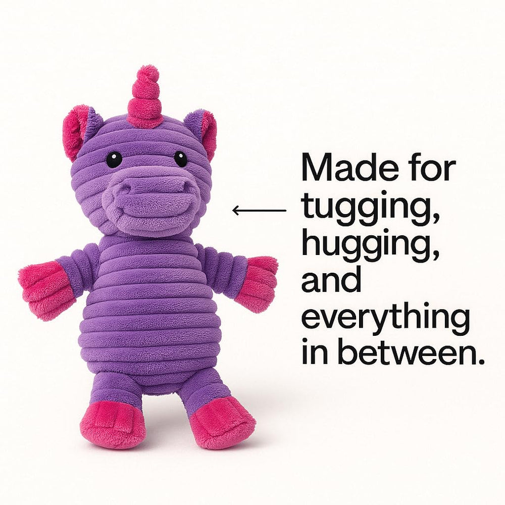 Jalousie dinosaur plush close-up highlighting durable corduroy texture and engaging squeaker
