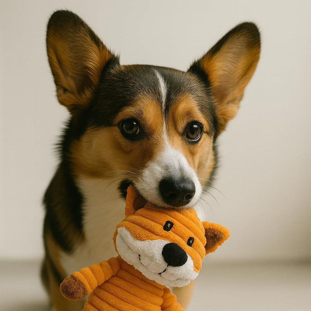 Jalousie fox plush close-up with reinforced seams for tougher chew sessions