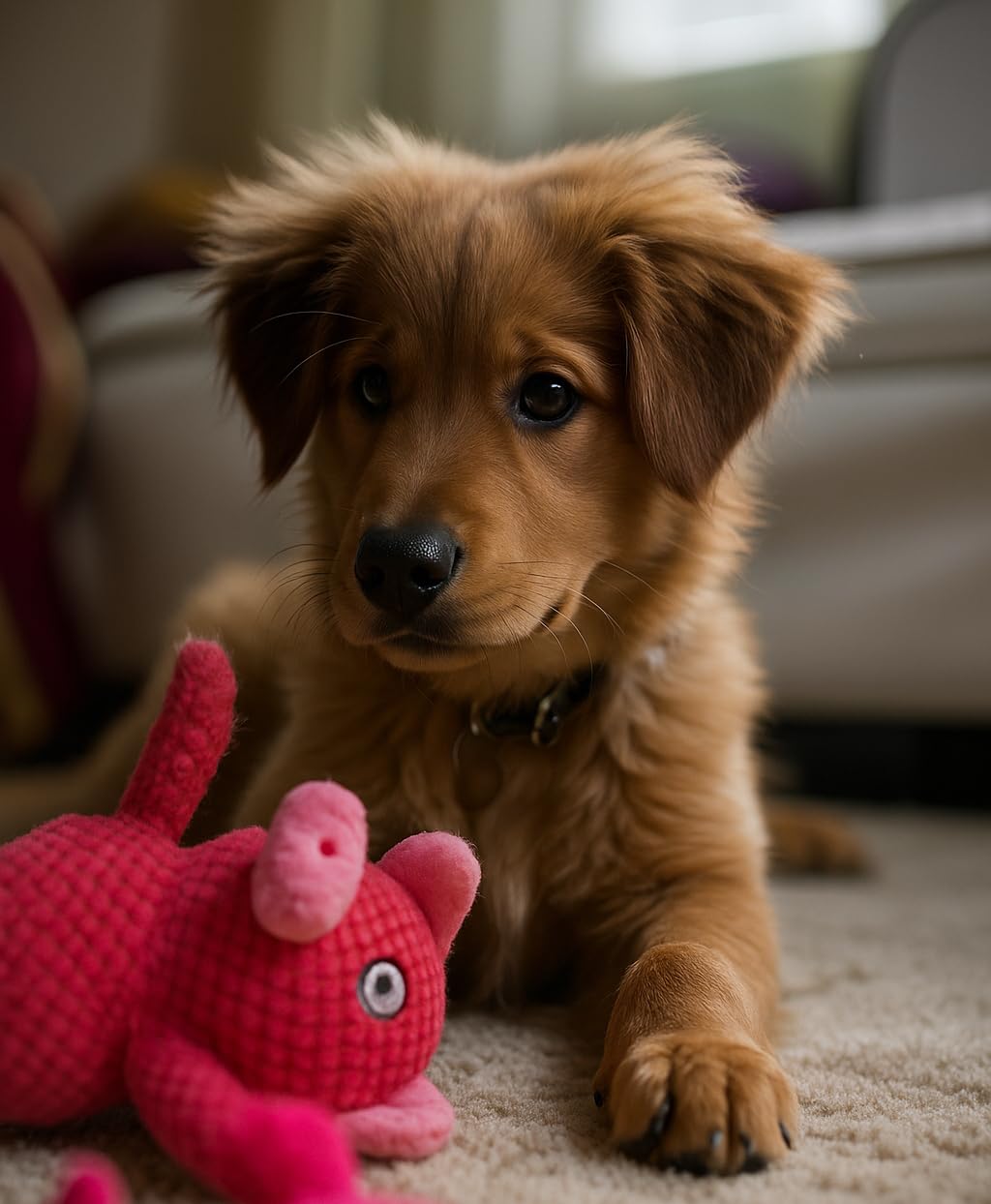 Jalousie plush dog toy set with bright colors encourages playtime.