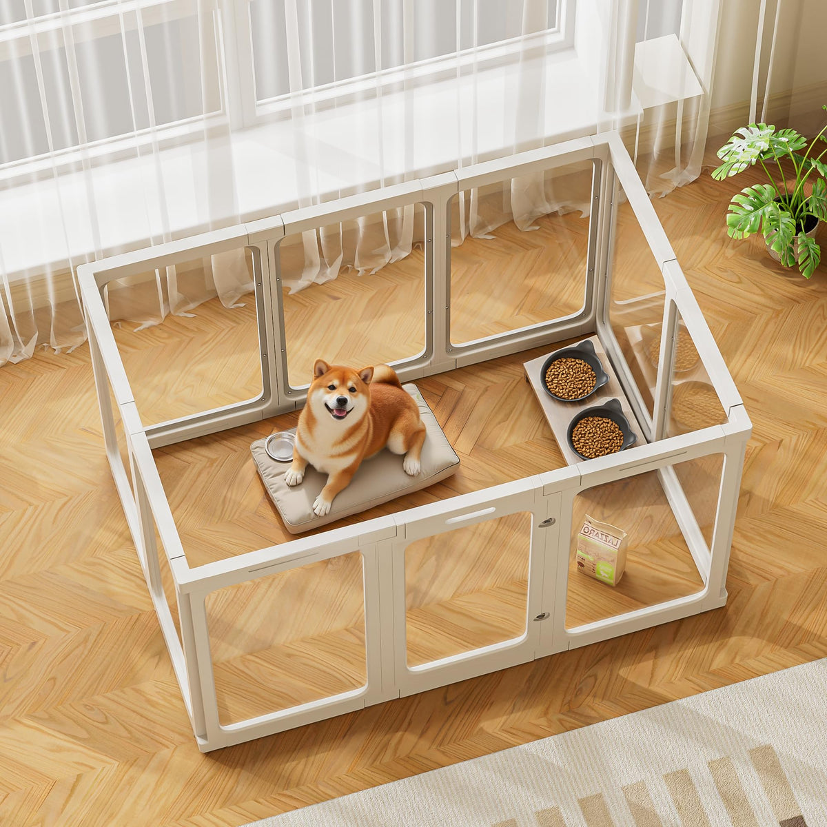 Jalove 30-inch clear acrylic dog playpen assembled for indoor containment
