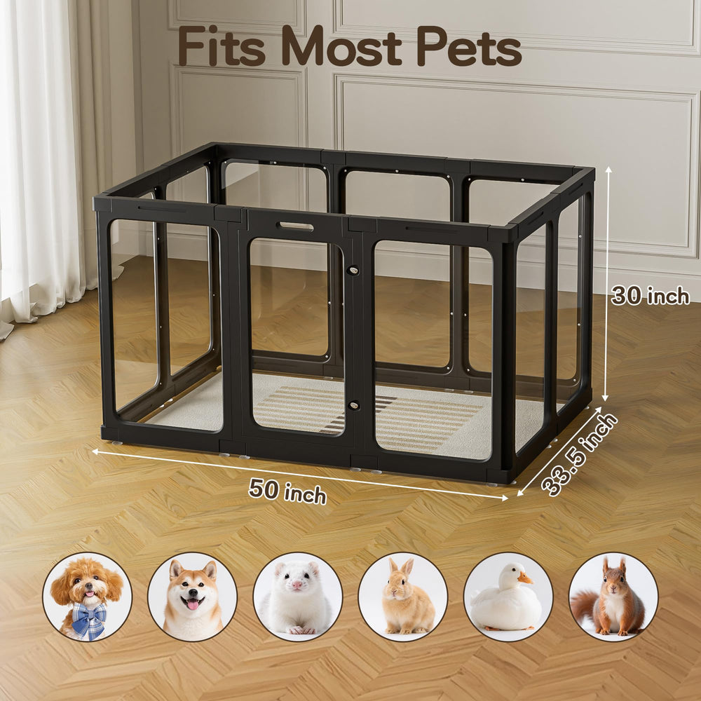 Jalove clear pet pen showing sturdy latches and stable frame.