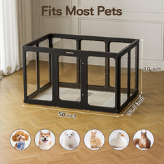 Jalove clear pet pen showing sturdy latches and stable frame.