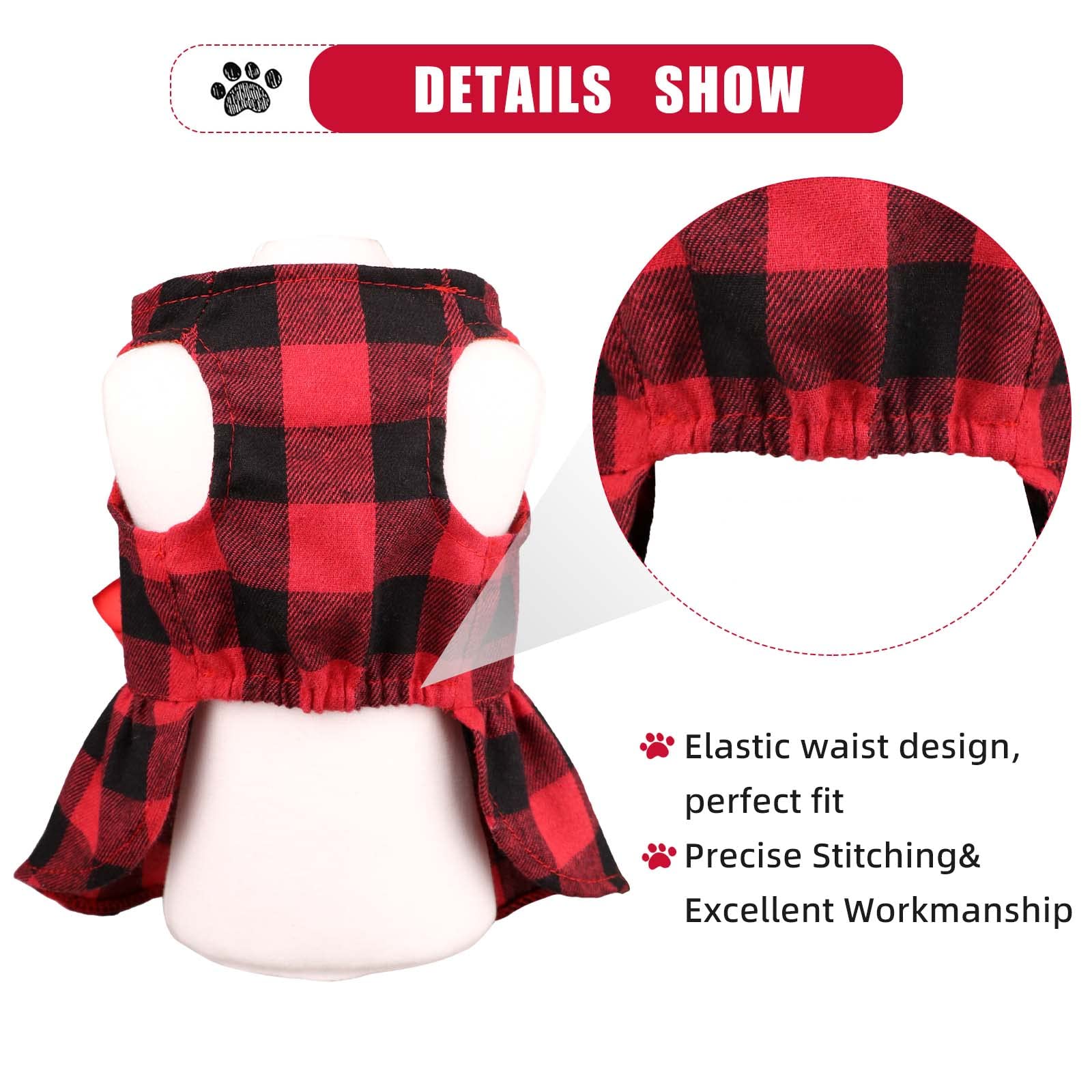 Jamktepat buffalo plaid dog dress fabric close-up—soft cotton feels gentle on skin.