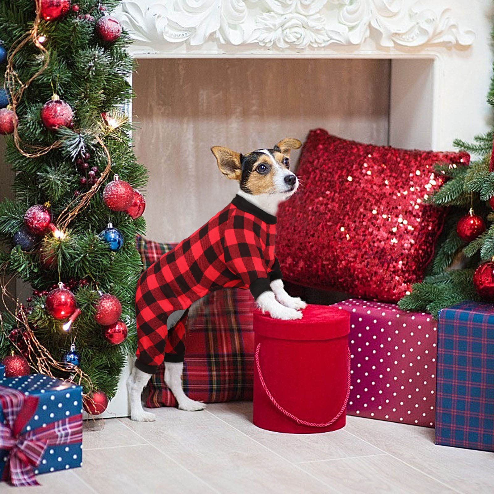 Jamktepat dog fleece sweater buffalo plaid side profile highlights cozy warmth and holiday-ready style.