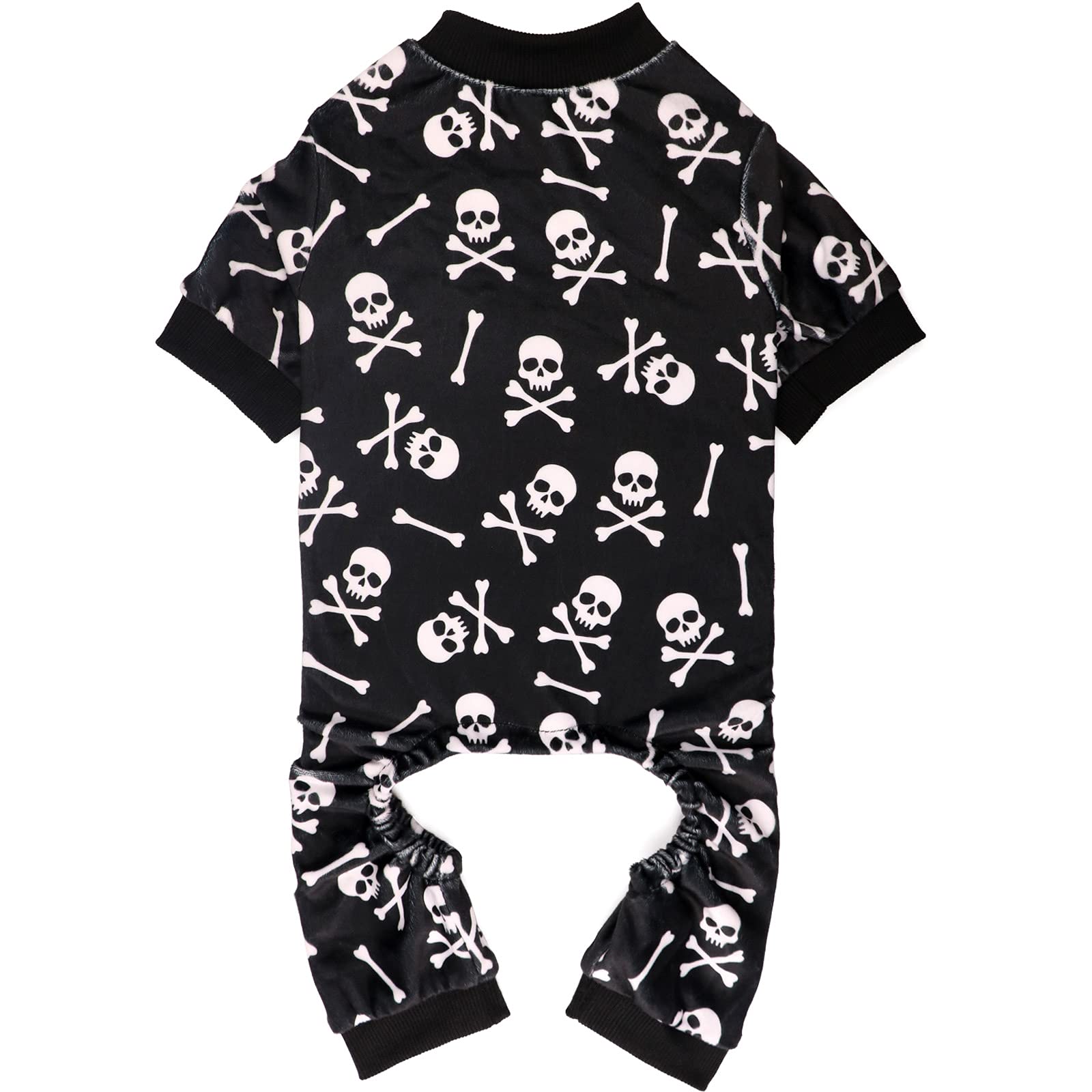 Jamktepat dog pajamas with Halloween skulls front view showing festive design and coat-friendly fit