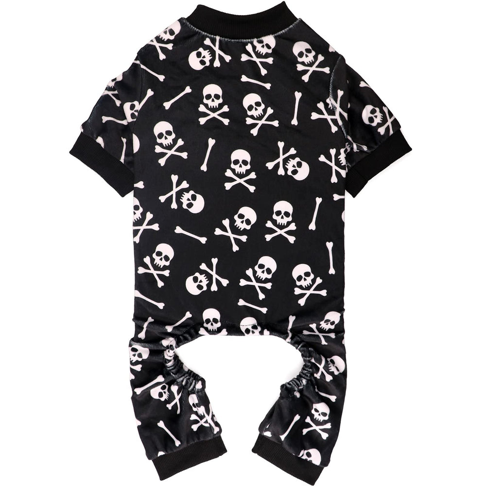 Jamktepat dog pajamas with Halloween skulls front view showing festive design and coat-friendly fit