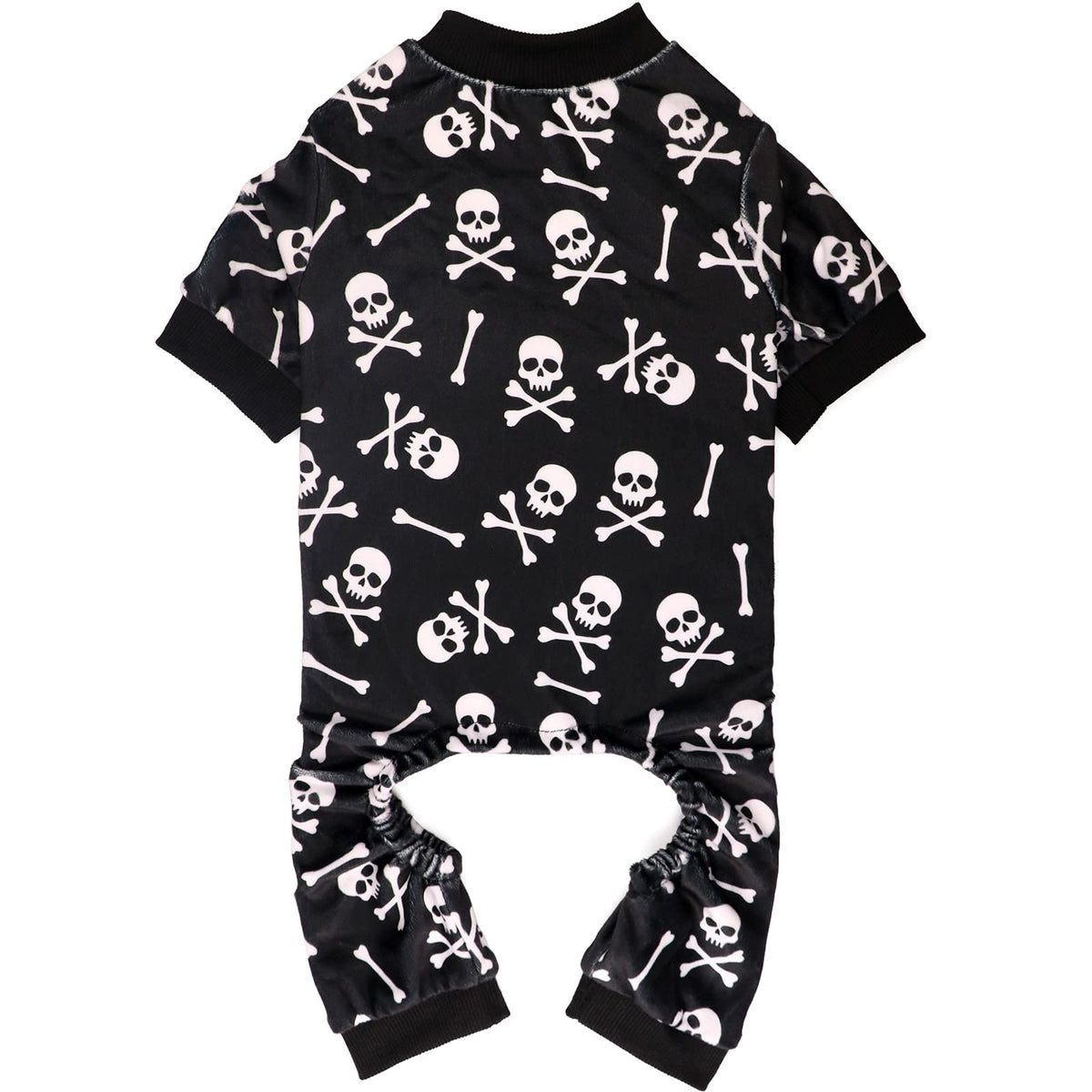 Jamktepat dog pajamas with Halloween skulls front view showing festive design and coat-friendly fit