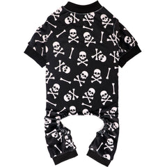 Jamktepat dog pajamas with Halloween skulls front view showing festive design and coat-friendly fit