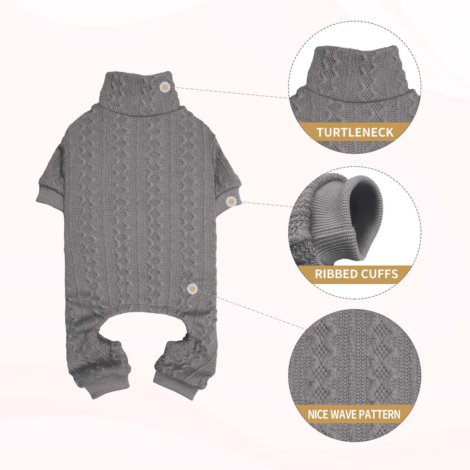 Jamktepat dog sweater turtleneck grey knit closeup highlights soft stretch fabric for comfort