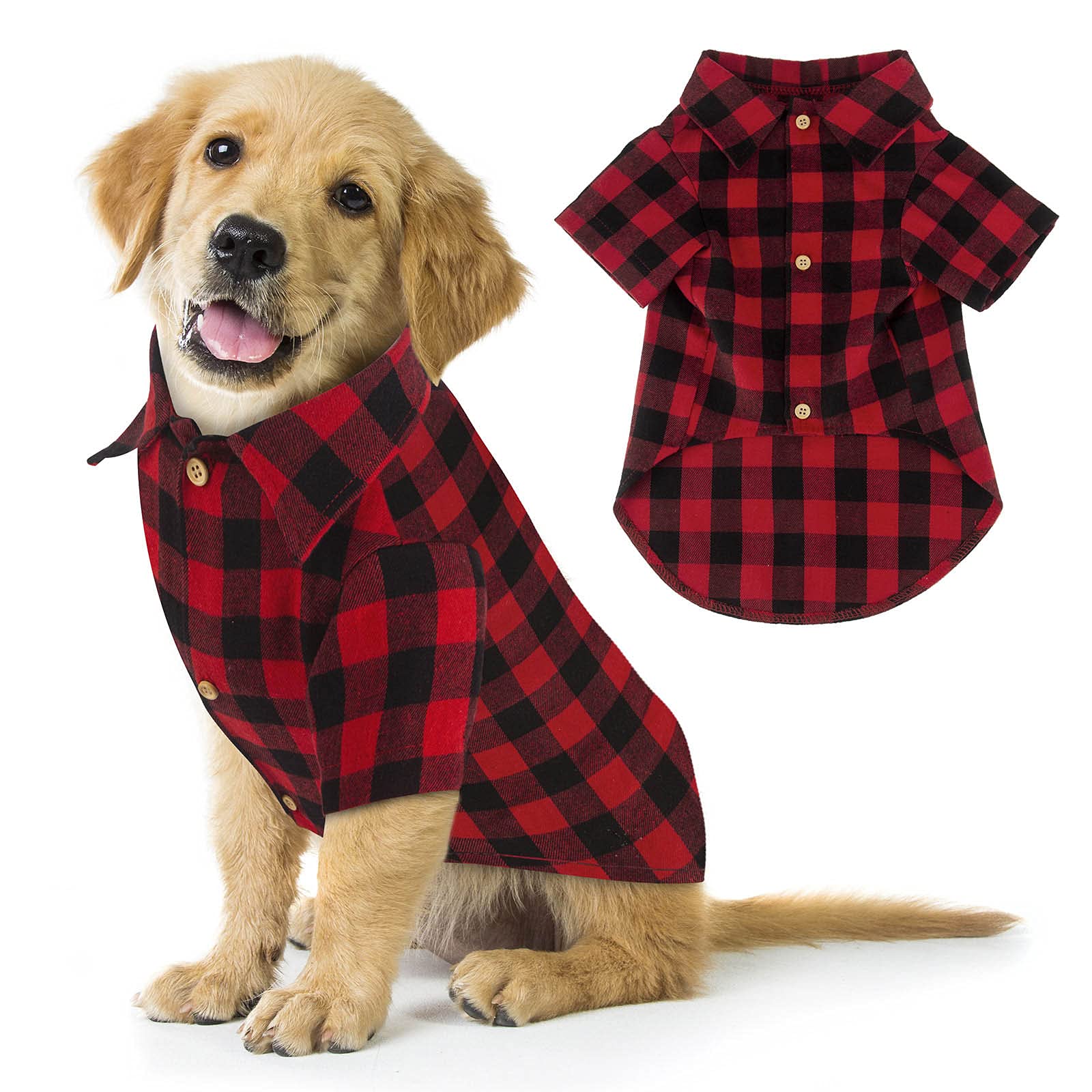 Jamktepat plaid dog shirt front view in red buffalo pattern for daily comfort