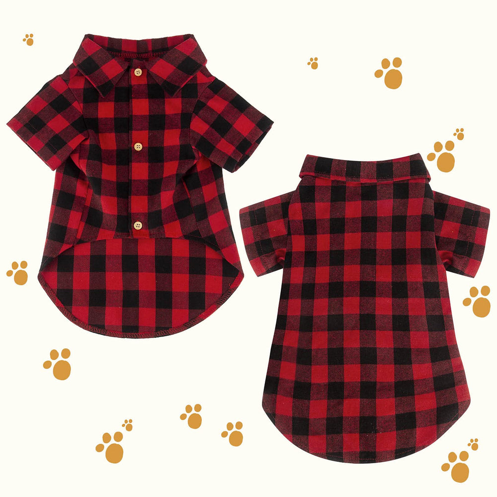 Jamktepat plaid dog shirt side view showing classic holiday style
