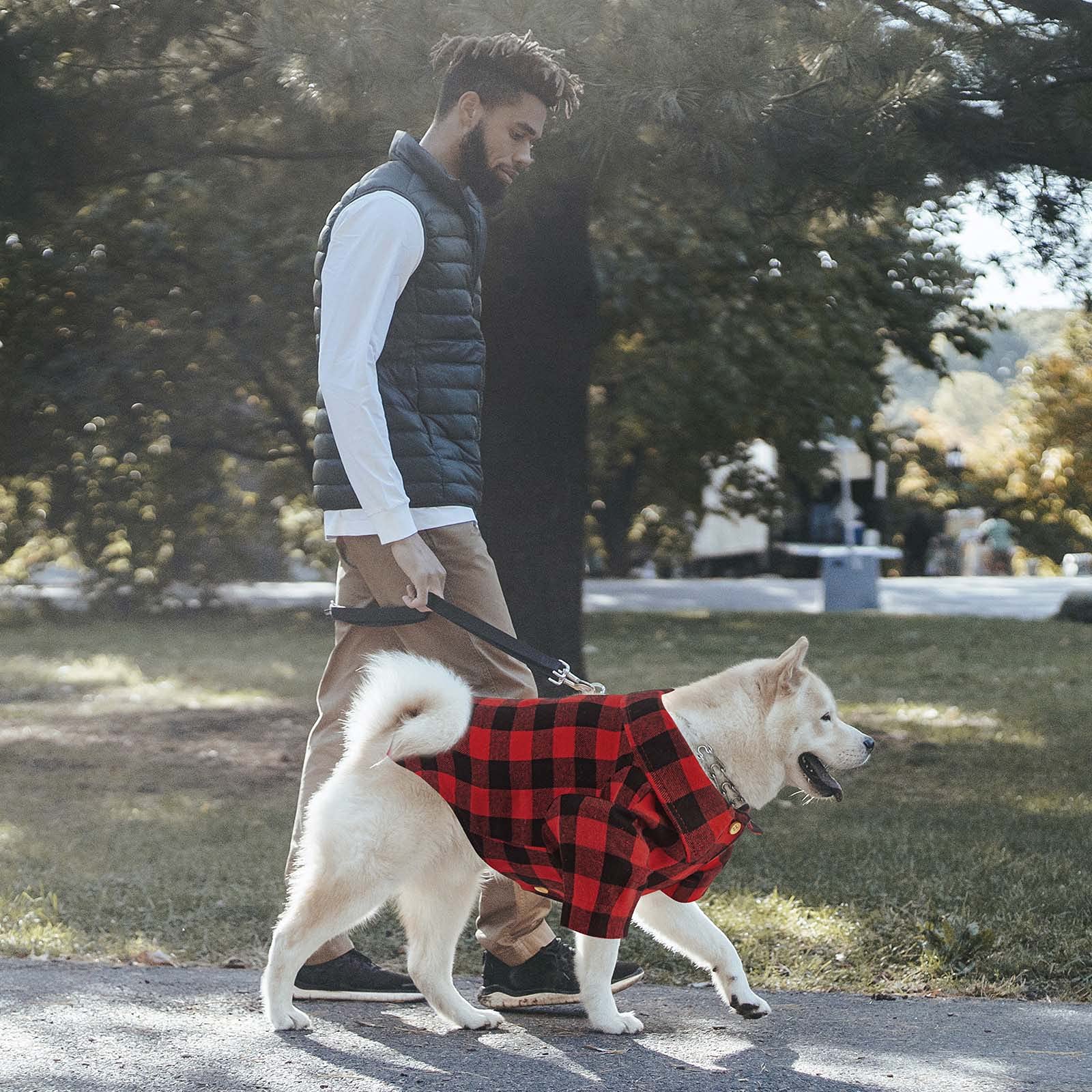 Jamktepat plaid dog shirt worn on a dog demonstrating versatile wear