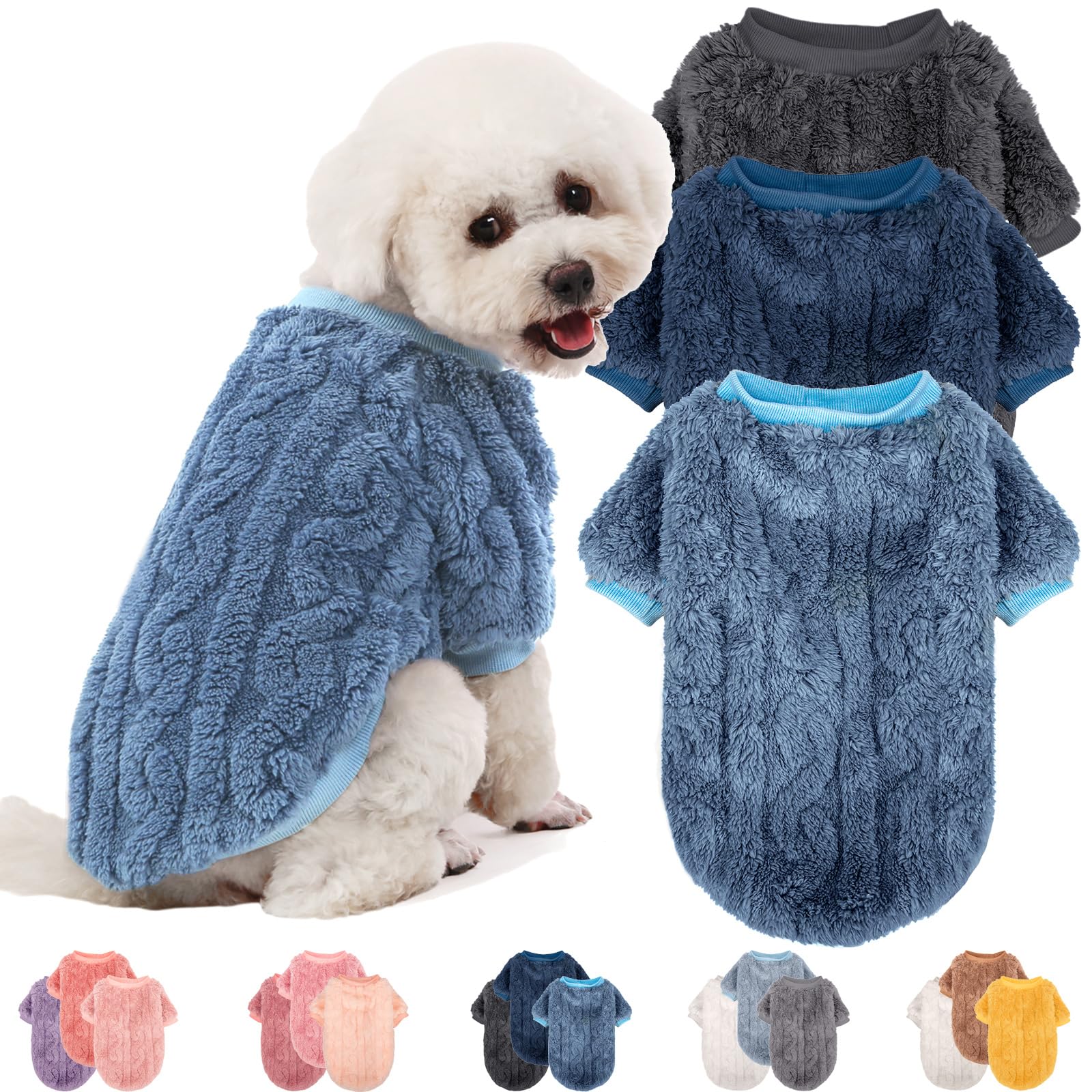 JAMPAYANG three-pack dog sweaters blue front view shows cozy fit for small dogs