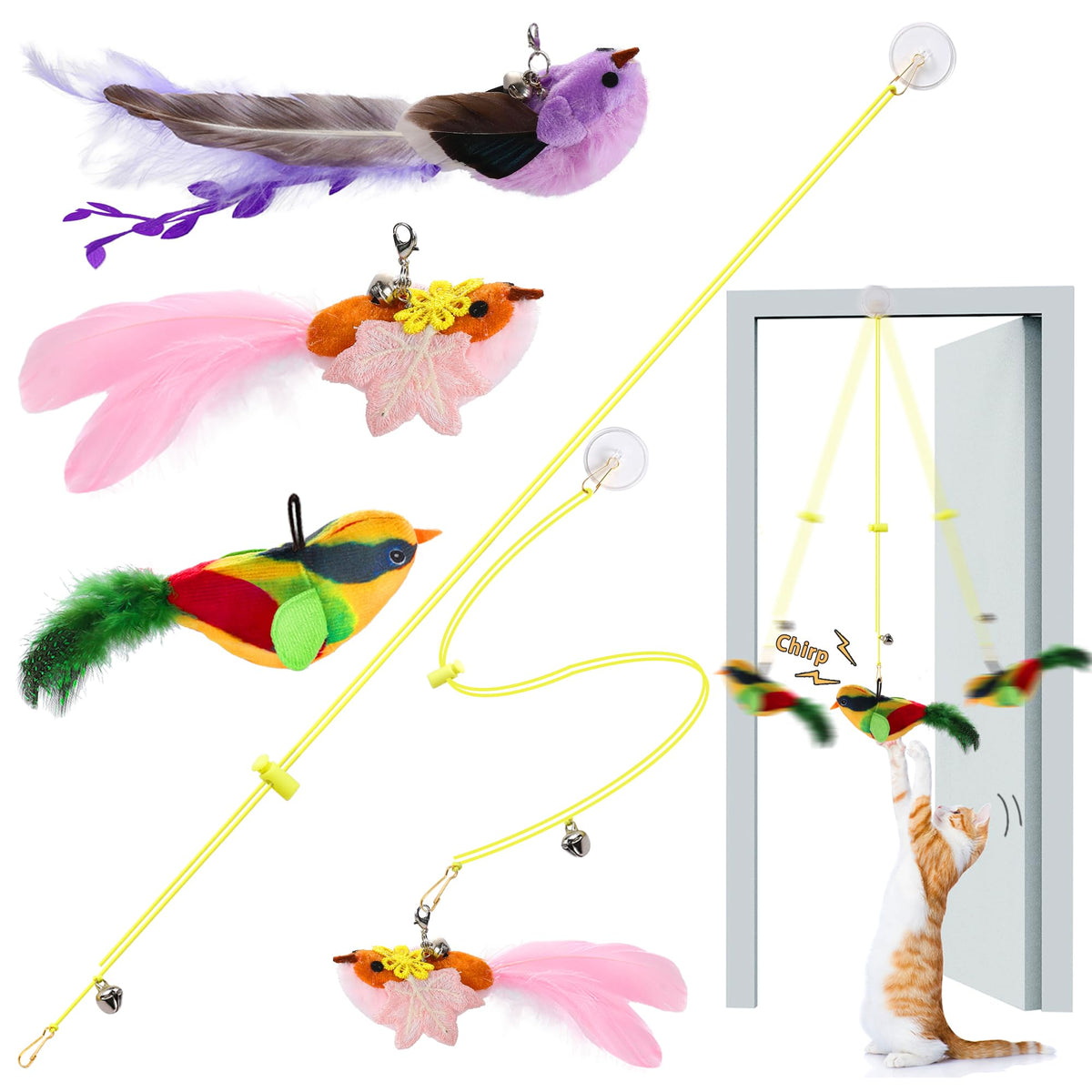 Janbenty interactive chirping bird toy emits birdlike sounds for indoor cats.