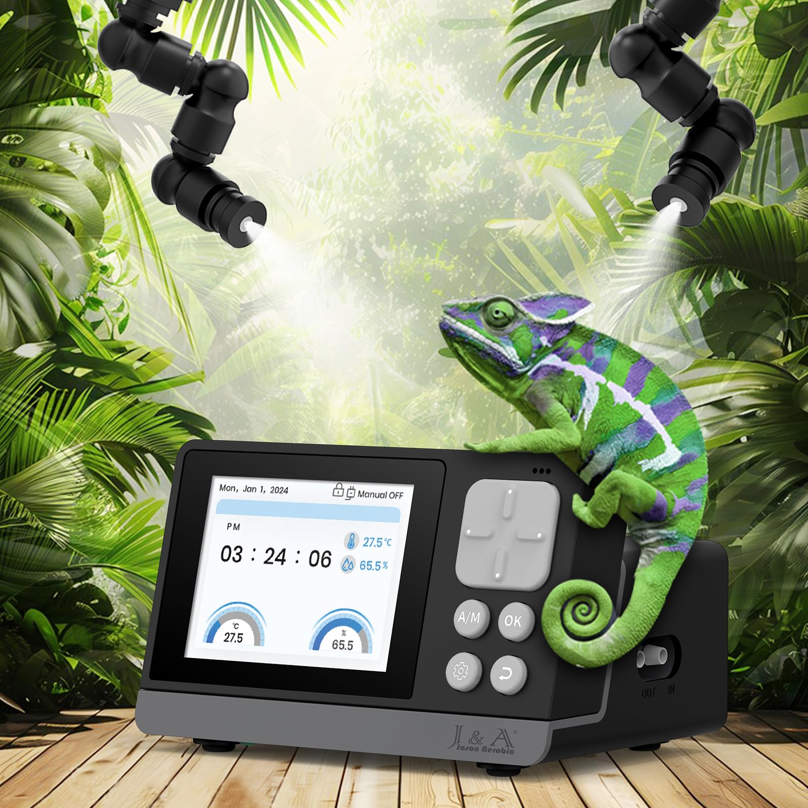 J&amp;A Automatic Mister controller panel displaying real-time climate data for terrariums.