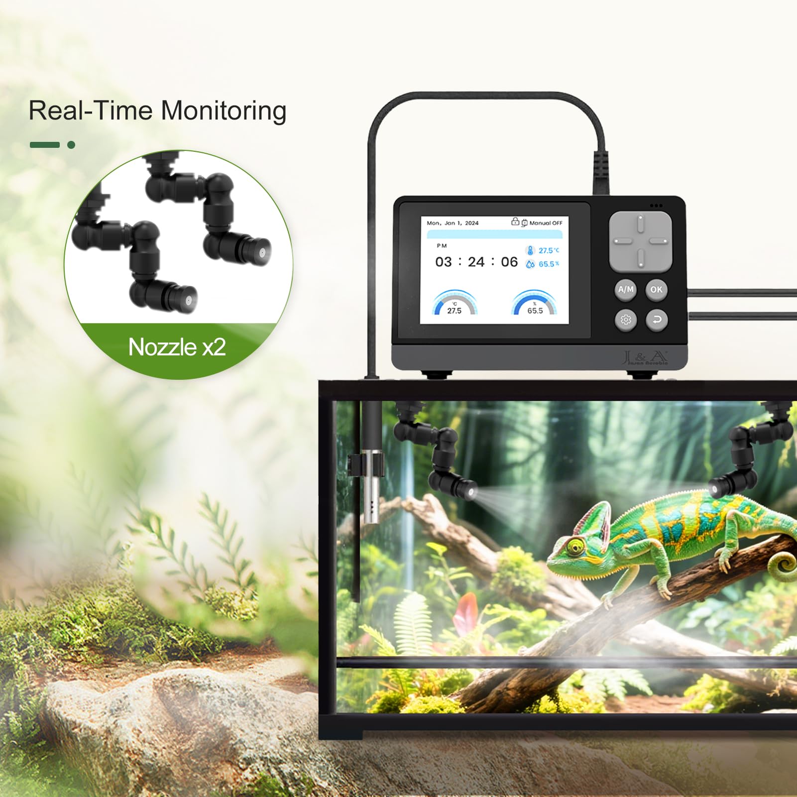 J&A Smart Reptile Mister built-in sensor probe provides real-time temp and humidity insight.