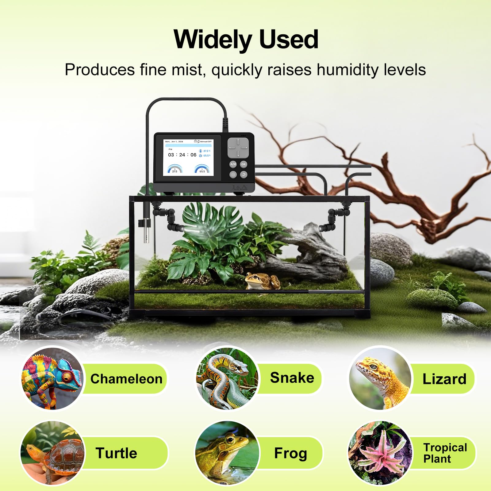 J&A Smart Reptile Mister humidity mode triggers mist when humidity targets are met.